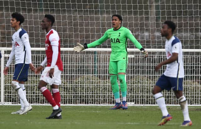 Josh Oluwayemi featuring for Spurs in a Premier League 2 match against Arsenal in January 2021. Picture: Paul Harding/Getty Images