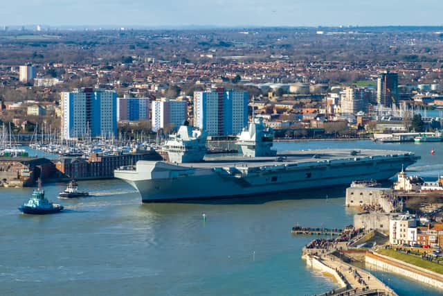 HMS Prince of Wales leaving Portsmouth, She took the place of HMS Queen Elizabeth, the ship which was originally going to lead Exercise Steadfast Defender. Picture: Michael Woods - Solent Sky Services