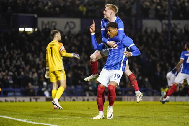 Kusini Yengi celebrates Pompey's leveller from the penalty spot against Cambridge United. Picture: Jason Brown/ProSportsImages