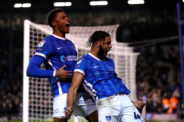 Pompey's Myles Peart-Harris celebrates the game's decisive goal against Cambridge United. Pic: John Walton/PA