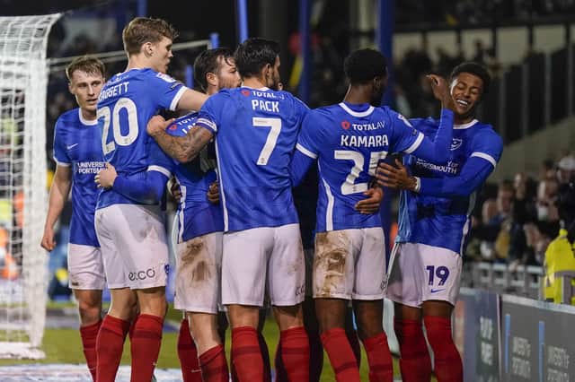 Pompey's players celebrate Myles Peart-Harris' goal in front of the Milton End. Picture: Jason Brown/ProSportsImages