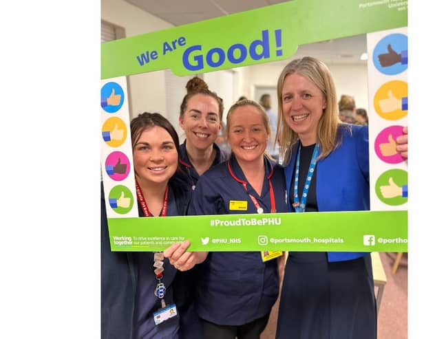 Portsmouth Hospitals University NHS Trust Chief Executive, Penny Emerit, celebrates with maternity staff after receiving a rating of "good" from CQC inspection.