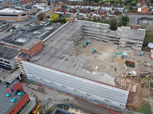 An aerial photo of the demolition of the Osborn Road multi-storey car park. Picture: HWM Group