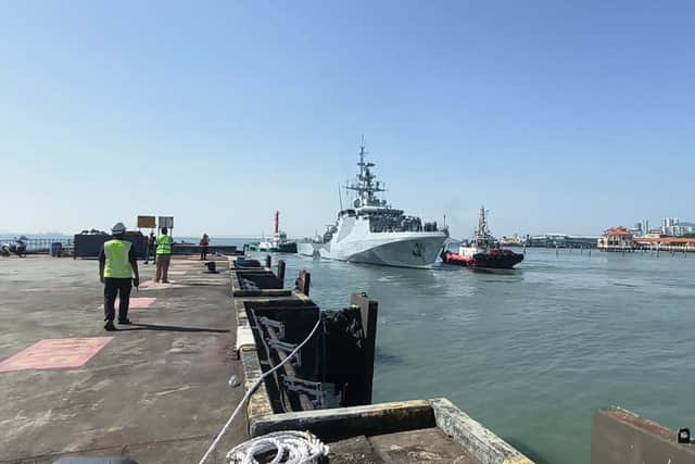 HMS Spey arriving in Penang, Malaysia, on a diplomatic mission in Southeast Asia. She previously went to Sri Lanka as part of talks for the country to join a security force which patrols the Red Sea. Picture: Royal Navy.