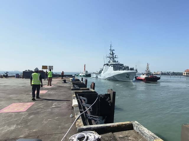HMS Spey has had a defect fixed while on deployment in Japan. Pictured is the offshore patrol vessel arriving in Penang, Malaysia, on a diplomatic mission in Southeast Asia earlier this year. Picture: Royal Navy.