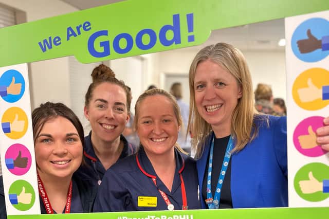 Portsmouth Hospitals University NHS Trust Chief Executive, Penny Emerit, celebrates with maternity staff after receiving a rating of "good" from CQC inspection.
