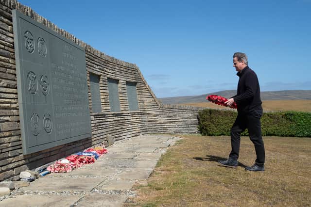 Foreign Secretary Lord David Cameron visits San Carlos Cemetery on the Falkland Islands, during his high-profile visit to demonstrate they are a "valued part of the British family" amid renewed Argentinian calls for talks on their future. Picture date: Monday February 19, 2024. PA Photo. Lord Cameron's visit is the first by a foreign secretary since 1994 and he has stressed that the archipelago's sovereignty is "not... up for discussion" while the islanders wish to be British. Picture: Stefan Rousseau/PA Wire