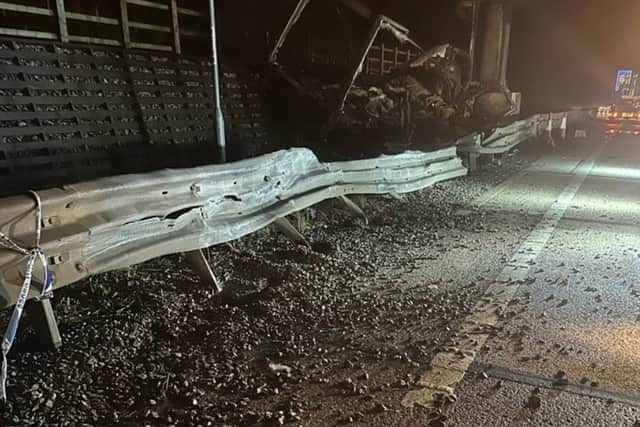 Burnt out lorry on M27 that hit gantry. Pic: National Highways 