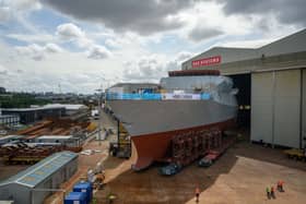 The forward section of Type 26 Frigate HMS Cardiff is rolled out from the SBOH at BAE Systems Shipyard in Govan, Scotland. Picture: John Linton 2023/BAE Systems/Royal Navy