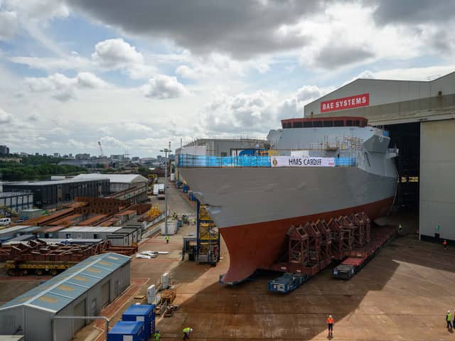 The forward section of Type 26 Frigate HMS Cardiff is rolled out from the SBOH at BAE Systems Shipyard in Govan, Scotland. Picture: John Linton 2023/BAE Systems/Royal Navy
