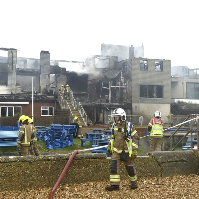 Firefighters tackle the blaze at The Osborne View pub in Hill Head, a once favoured spot of Sir Alf Ramsey