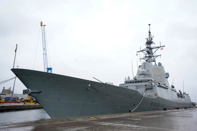 ESPS Almirante Juan de Borbon berthed at the Port of Southampton, the flagship of Standing Nato Maritime Group One. SNMG1, made up of five Alliance warships, while conducting the first major live exercise of Exercise Steadfast Defender 24 took part in gunnery exercises, as well as air defence simulations, alongside a Spanish Task Group while sailing from Scotland to Southampton. Picture date: Thursday February 22, 2024. Picture: Andrew Matthews/PA Wire