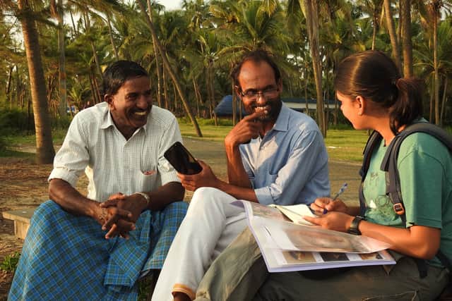 Ayushi Jai speaking to members of the local community in Kerala in India. The first-ever breeding population of an "incredibly rare" turtle has been discovered in India thanks to the detective work of British academics. Picture: Akshay V Anan/PA Wire.
