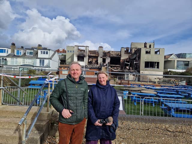Brother and sister Ben and Sally at The Osborne View pub the day after it was destroyed in a huge fire.