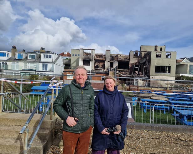 Brother and sister Ben and Sally at The Osborne View pub the day after it was destroyed in a huge fire.