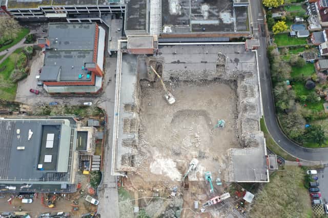 An aerial photo of the demolition of the Osborn Road multi-storey car park.