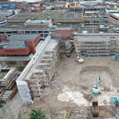 An aerial photo of the demolition of the Osborn Road multi-storey car park. 
