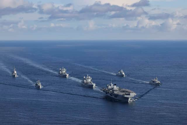 HMS Prince of Wales; Row 2 (L-R) HMS Portland, RFA Tidesurge, HMCS Charlottetown; Row 3 (L-R) HMS Prince of Wales; Row 2 (L-R) HMS Portland, RFA Tidesurge, HMCS Charlottetown; Row 3 (L-R) SNS Cristobal Colon, RFA Tidespring, HMDS Niels Juel. The ships joined forces on Exercise Joint Warrior, being heading towards the North Sea for Exercise Steadfast Defender. Picture: Royal Navy. 