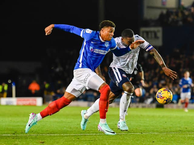 Pompey striker Kusini Yengi gave Bolton defender Ricardo Santos a torrid time at Fratton Park back in December