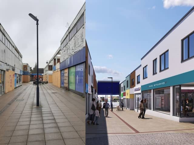 An artists impression of a redeveloped Wellington Way and a picture of it in its current state. A Telegraph article recently called it a "dead town".