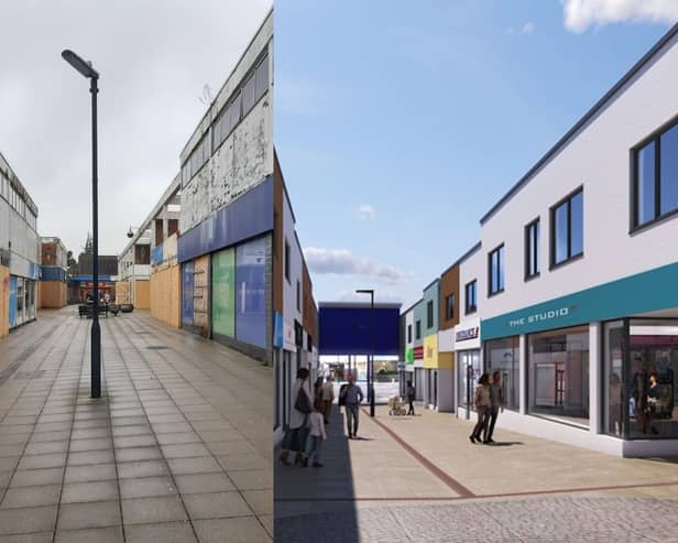 An artists impression of a redeveloped Wellington Way and a picture of it in its current state. A Telegraph article recently called it a "dead town".