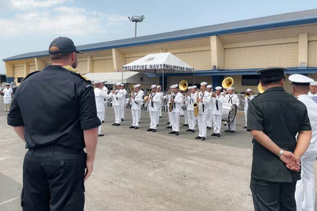 HMS Spey's crew receiving a warm welcome from the Philippines Navy. Picture: Royal Navy