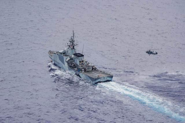 A Philippines AW159 approaches HMS Spey from astern during training exercises. Picture: Royal Navy.