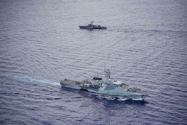 HMS Spey carrying out manoeuvres alongside a Philippines navy vessel BRP Valentin Diaz. It is the latest Royal Navy visit to the nation, as part of a southeast Asia diplomatic mission. They have previously visited Sri Lanka, Malaysia and Brunei. Picture: Royal Navy.