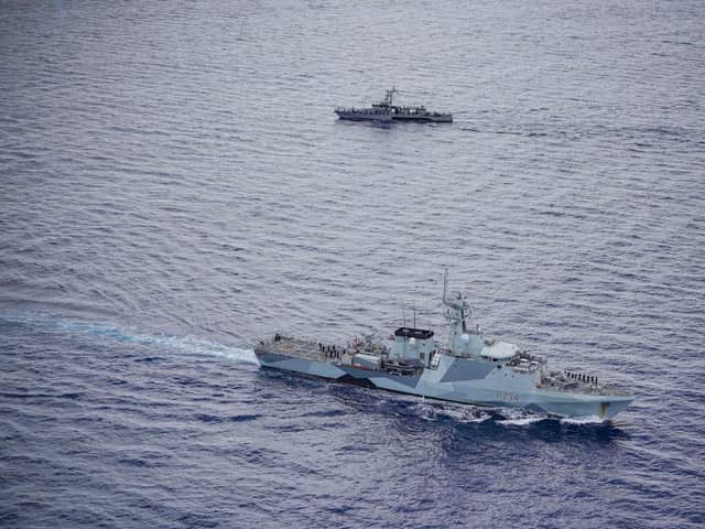 HMS Spey carrying out manoeuvres alongside a Philippines navy vessel BRP Valentin Diaz. It is the latest Royal Navy visit to the nation, as part of a southeast Asia diplomatic mission. They have previously visited Sri Lanka, Malaysia and Brunei. Picture: Royal Navy.