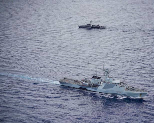 HMS Spey carrying out manoeuvres alongside a Philippines navy vessel BRP Valentin Diaz. It is the latest Royal Navy visit to the nation, as part of a southeast Asia diplomatic mission. They have previously visited Sri Lanka, Malaysia and Brunei. Picture: Royal Navy.