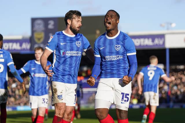 Christian Saydee his goal for Pompey against Oxford United today. Pic: Jason Brown