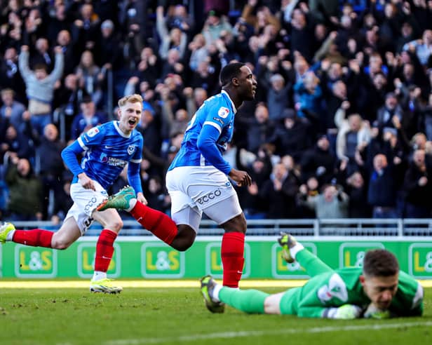 Christian Saydee celebrates his Pompey winner against Oxford United in March 2024 - his favourite goal for the club. Picture: Ben Whitley/PA Wire