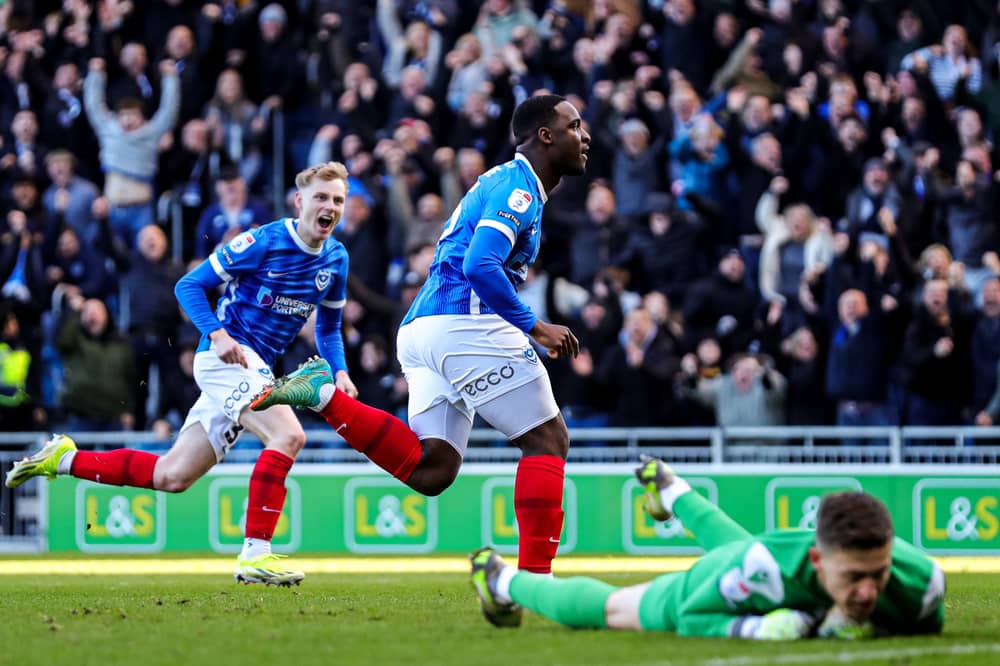 Christian Saydee celebrates his Pompey winner against Oxford United in March 2024 - his favourite goal for the club. Picture: Ben Whitley/PA Wire