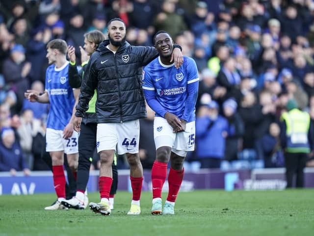 Brentford loanee Myles Peart-Harris congratulates Christian Saydee after victory over Oxford United. Pic: Jason Brown/ProSportsImages