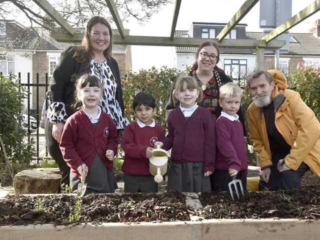 Meon Infant School, Meon Junior School and Moorings Way Infant School in Milton have replaced parts of their paved playgrounds with plants and trees, to encourage pupils to spend more time outside during lessons and breaks, and to learn more about nature.Pictured is: (back l-r) Sara Paine, executive head for Meon Way Federation and cllr Kimberly Barrett, cabinet member for climate change and greening the city with (front l-r) Casey Bayes, Priyansh Shah, Meredith Drudge, Jack Donnelly and Paddy O'Hara from Milton Neighbourhood Forum.