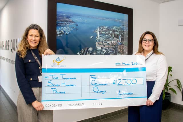 Pictured: Centre director, Yvonne Clay presenting a cheque to Katie Jones, Co-founder of The Genies Wish at Gunwharf Quays, Portsmouth on Friday 1st March 2024