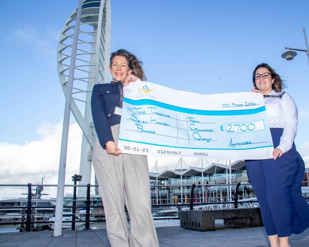A cheque handover between Gunwharf Quays centre director, Yvonne Clay, and a representative from The Genies WishPictured: Centre Director, Yvonne Clay presenting a cheque to Katie Jones, Co-founder of The Genies Wish at Gunwharf Quays, Portsmouth on Friday 1st March 2024 Picture: Habibur Rahman