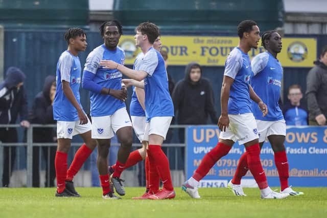 Destiny Ojo, second from left, is congratulated after scoring for Pompey against Gosport Borough in pre-season. Picture: Jason Brown