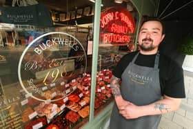 Butcher Tom Bridle with the window display. Buckwells of Southsea, Osborne Road, Southsea Picture: Chris Moorhouse (jpns 170523-04)