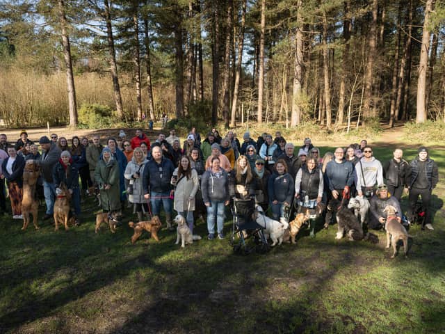 Pictured is: Some of the people and dogs that attended the fundraiser walk for Bethan Smith.

Picture: Keith Woodland (030321-15)