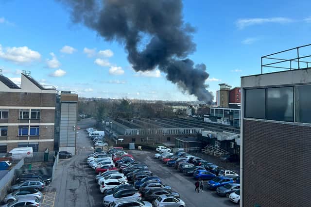 A large fire has broken out close to Southampton's St Mary's Stadium, just a few hours before their match against Preston is due to kick-off. Photo: Emily S/@esmith495/PA Wire.