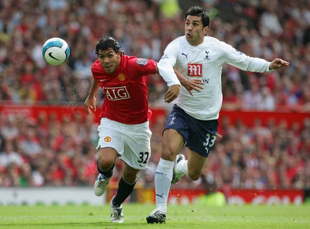 Ricardo Rocha battles with Manchester United's Carlos Tevez in August 2007. Picture: Laurence Griffiths/Getty Images