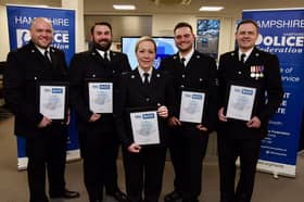 Five Hampshire police officers who disarmed a man who was brandishing a handgun and two explosive devices have been nominated for The National Police Bravery Awards.