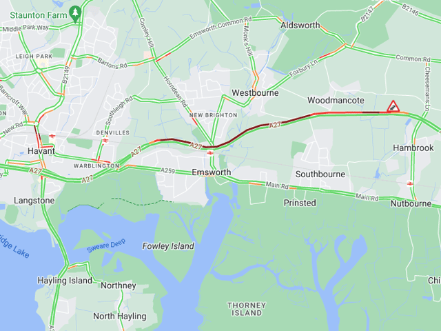 There are lengthy delays on the A27 eastbound near Emsworth. 
Picture: AA