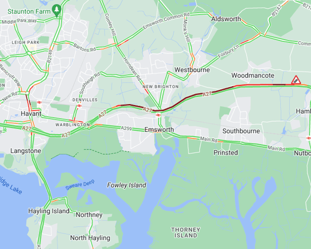 There are lengthy delays on the A27 eastbound near Emsworth. 
Picture: AA