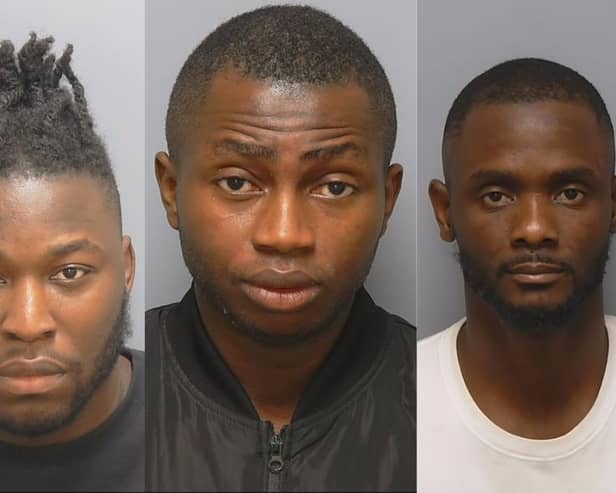Organised Crime Group who defrauded major phone companies out of over £400k have been jailed for a combined total of 11 years. From left to right: Oluwadamilola Bolaji, Taofeeq Balogun, Taiwo Agusto