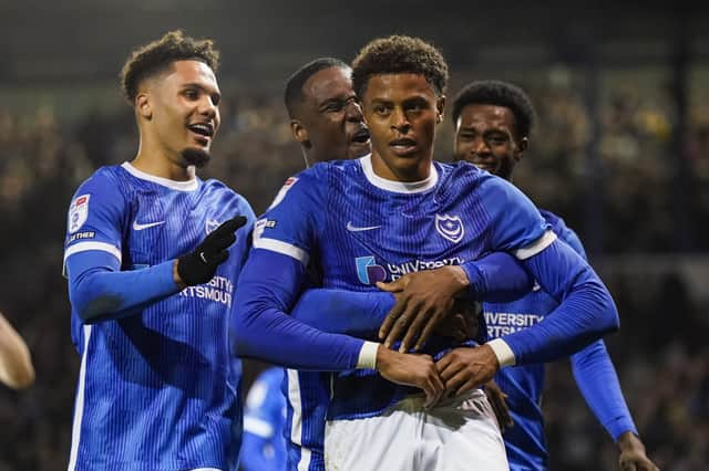 Kusini Yengi celebrates after opening the scoring for Pompey against Burton. Picture: Jason Brown/ProSportsImages