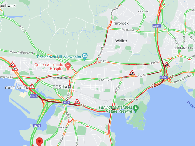 There are delays of approximately 20 minutes on the M27 westbound between Emsworth and Port Solent. 
Picture: AA 