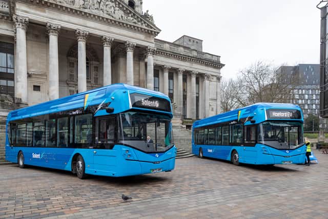 The new electric buses being shown in Guildhall Square. A total of 62 single decker vehicles will be operating across Portsmouth, Gosport, Fareham, Havant and elsewhere. Picture: Mike Cooter (110324)