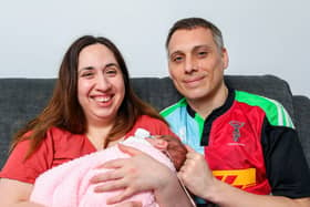 Steph Lorrabaquio and Dave Richardson with their daughter, Millie, who was born three months early on Christmas Day. They were allowed to take her home on March 11th